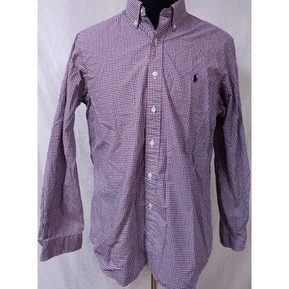 Ralph Lauren Mens Large Red Blue Stripe Check Long Sleeve Embroidered Logo Shirt - Picture 1 of 12
